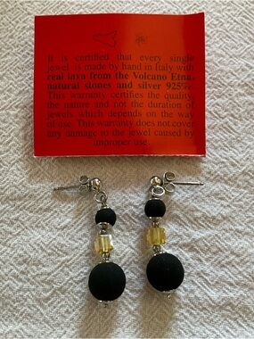 Black Lava Bead & Yellow Crystal Drop Earrings - 925 Silver Made In Italy NWT